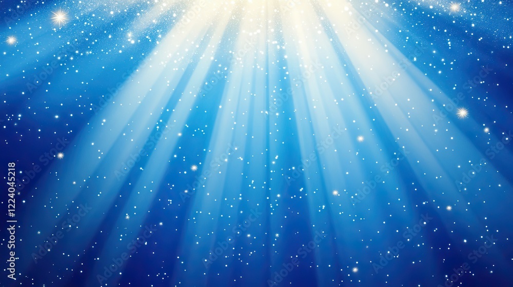 Poster dust-like particles illuminated by golden light rays on a deep blue abstract backdrop.