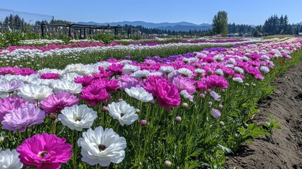 Obraz premium Endless rows of vibrant cosmos flowers in shades of pink, white, and purple under a sunny sky.