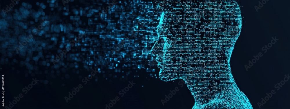 Aufkleber abstract representation of a digital human silhouette made of glowing binary code fragments on a dar