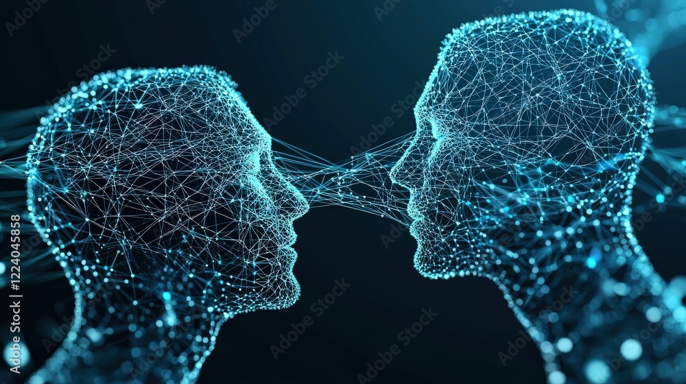 Poster futuristic digital connection between two human figures representing artificial intelligence and tec