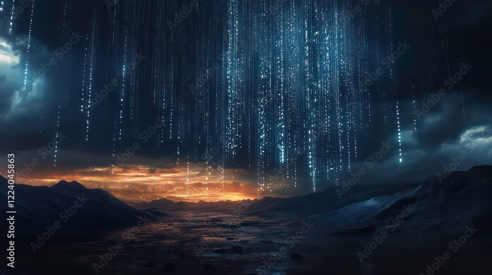 Poster binary code in the form of glowing rain falling over a dark, futuristic landscape, symbolizing data 