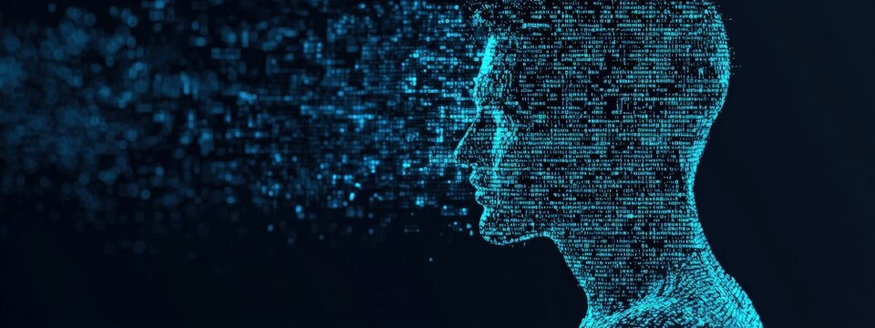 Abstract representation of a digital human silhouette made of glowing binary code fragments on a dark background