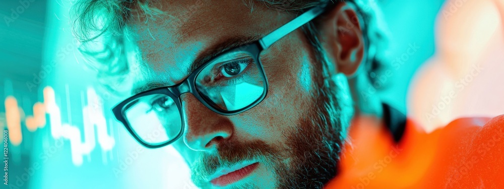Poster scientist analyzing data in laboratory with innovative technology and focused expression under neon 