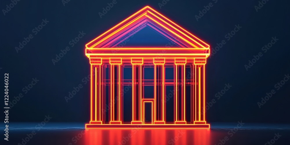 Poster digital banking concepts. neon outline of a classical building against a dark background.