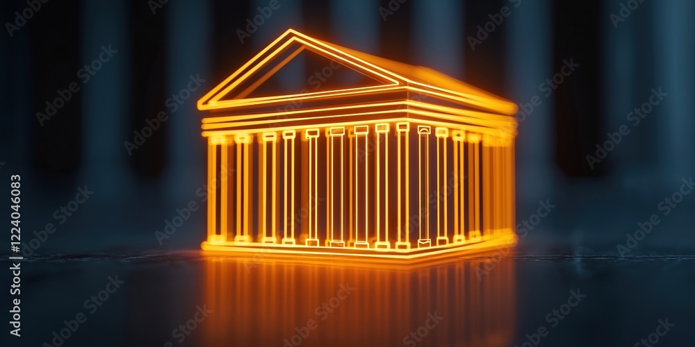 Poster digital banking concepts. neon outline of a classical building with columns and a triangular roof.