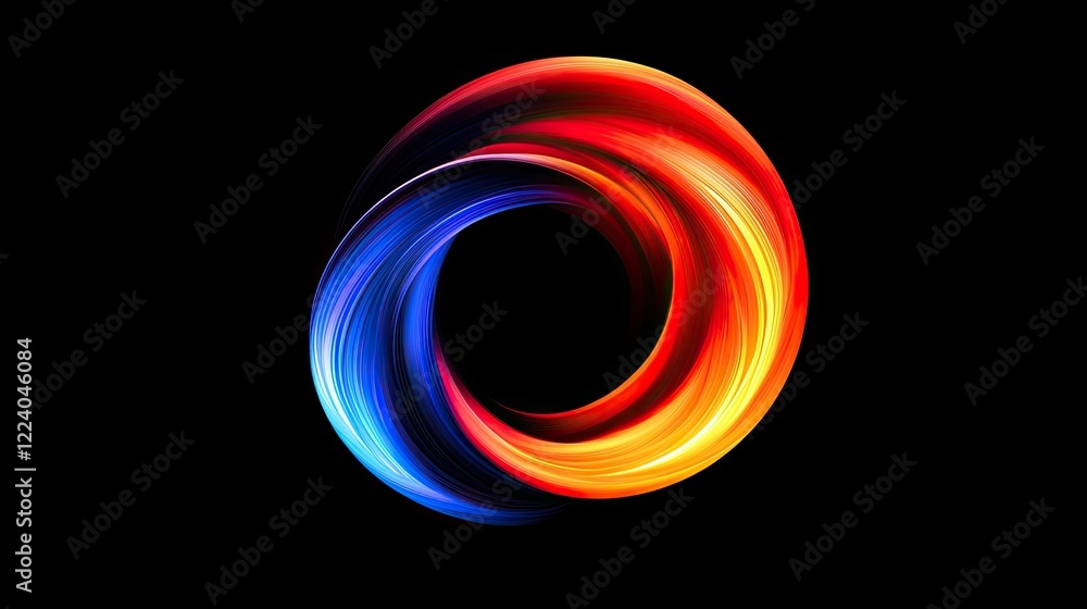Poster multicolored abstract light trails forming a circular motion against a deep black background.