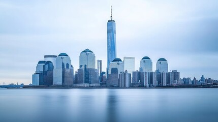 Fototapeta premium Modern skyline with sharp-edged skyscrapers standing tall against a bright, overcast background.