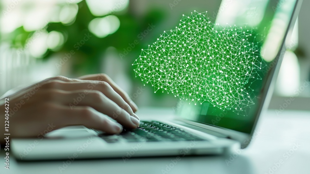 Poster digital transformation and innovation concept with green data cloud over laptop using technology for