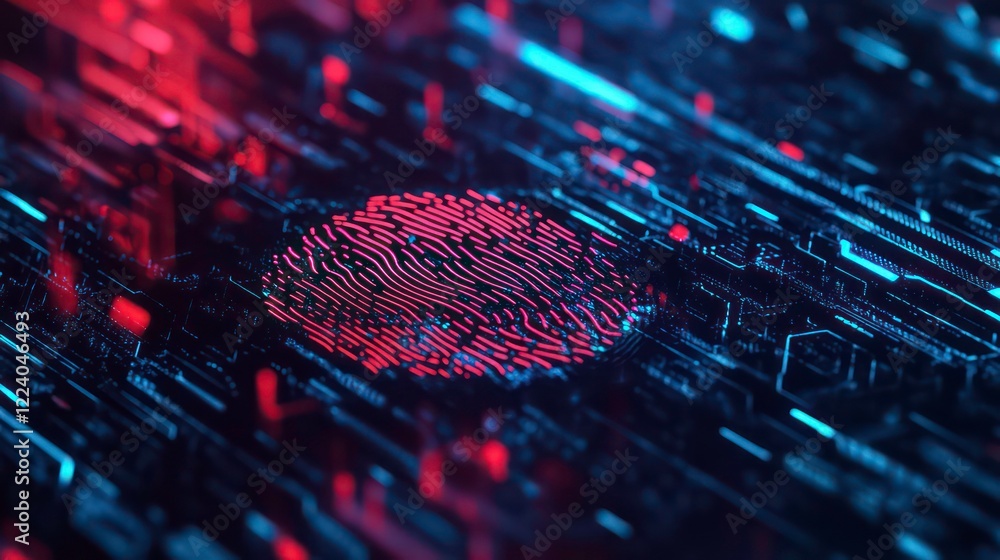 Poster biometric fingerprint scan illuminated by vibrant blue and red digital circuits, symbolizing secure 