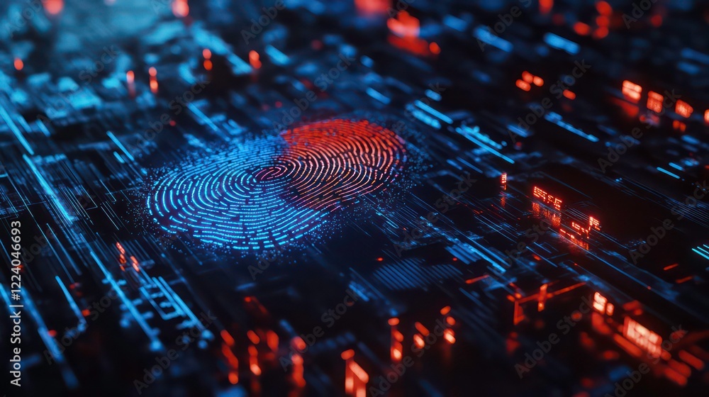 Poster biometric fingerprint scan illuminated by vibrant blue and red digital circuits, symbolizing secure 