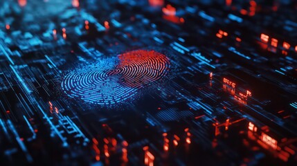 Biometric fingerprint scan illuminated by vibrant blue and red digital circuits, symbolizing secure access and authentication technology.