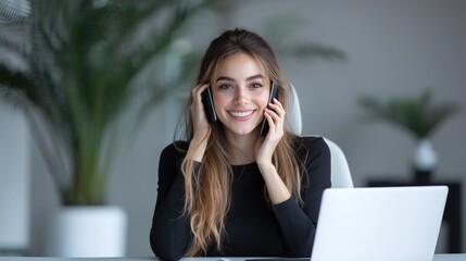 Businesswoman multitasking, office calls, laptop, plants background