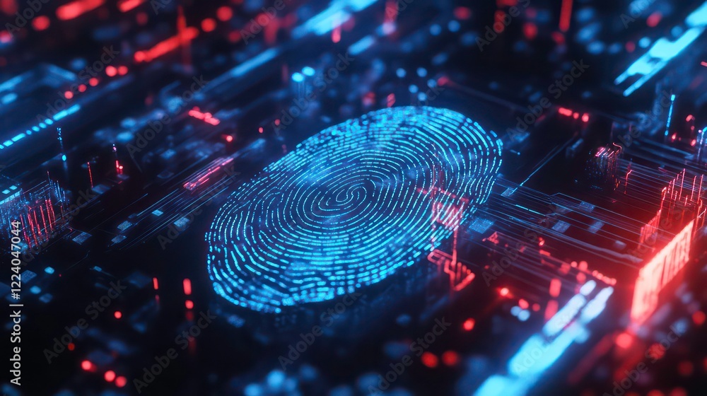 Poster biometric fingerprint scan illuminated by vibrant blue and red digital circuits, symbolizing secure 