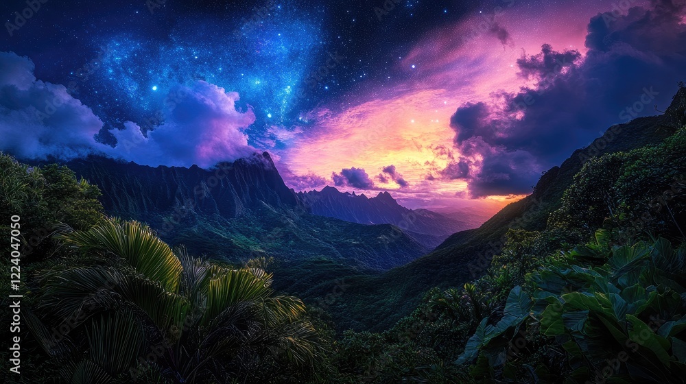 Poster twilight view with deep blue and violet tones transitioning into the first stars appearing in the sk