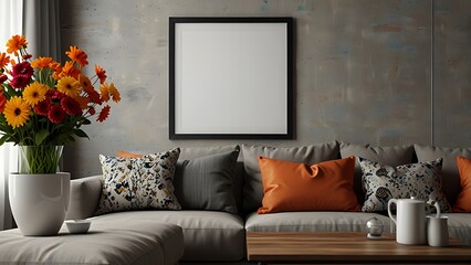 Stylish sofa setup with bold cushions and fresh flowers, creating a cheerful and inviting atmosphere. Mock up poster frame.