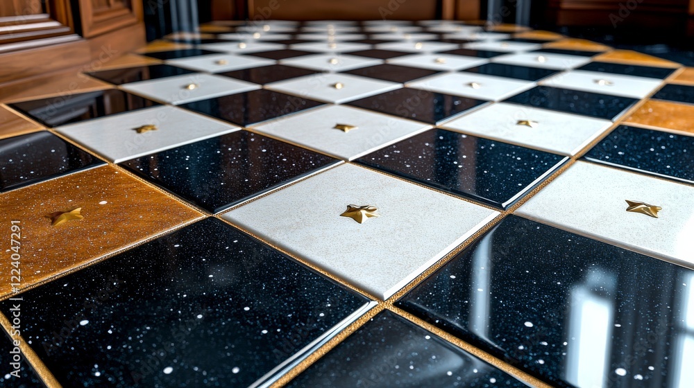Poster geometric elegance: close-up view of polished ceramic tile surface with intricate patterns