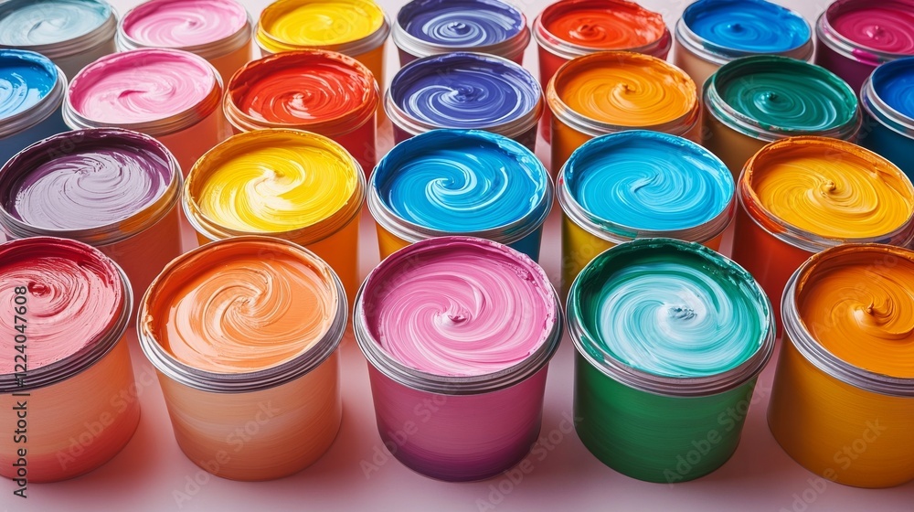 Poster colorful array: rows of open paint cans stacked together in a workshop setting, art supply display
