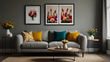 Stylish sofa setup with bold cushions and fresh flowers, creating a cheerful and inviting atmosphere. Mock up poster frame.