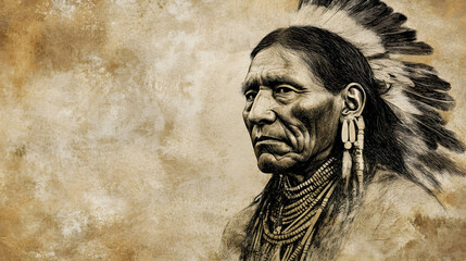Fototapeta premium Monochromatic Portrait of Native American Man in Traditional Headdress : Generative AI