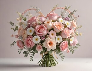 Obraz premium A bouquet of flowers with hearts and ribbons in soft colors, festive, decorations, bouquets