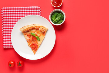 Plate with piece of tasty pizza Margarita and ingredients on red background