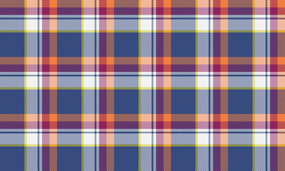 Seamless plaid pattern, bright blue, bright orange, pure white and purple, balanced and fun from all angles, suitable for all styles of design. Vector illustration.