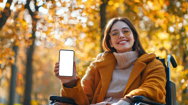 The concept of positivity and happiness. Stylish smiling disabled woman in a wheelchair in the autumn park. Phone mockup. A student holds a cell phone with a white screen in her hands. Mobile app