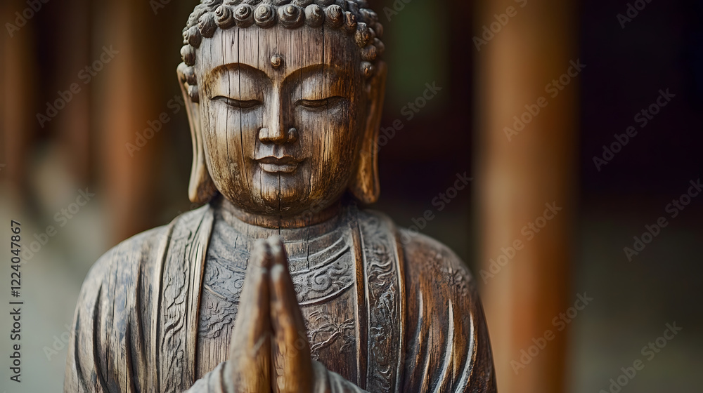 Poster intricate wooden buddha statue in meditative pose with tranquil background : generative ai