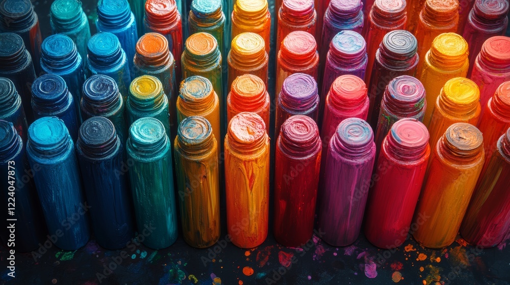 Poster symphony of color: a dynamic display of vibrant paint sprays converging in harmonious chaos to creat