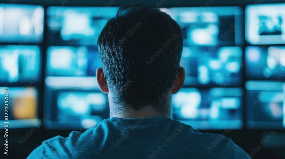 Poster man observing multiple monitors with blue-toned screen displays in a high-tech environment