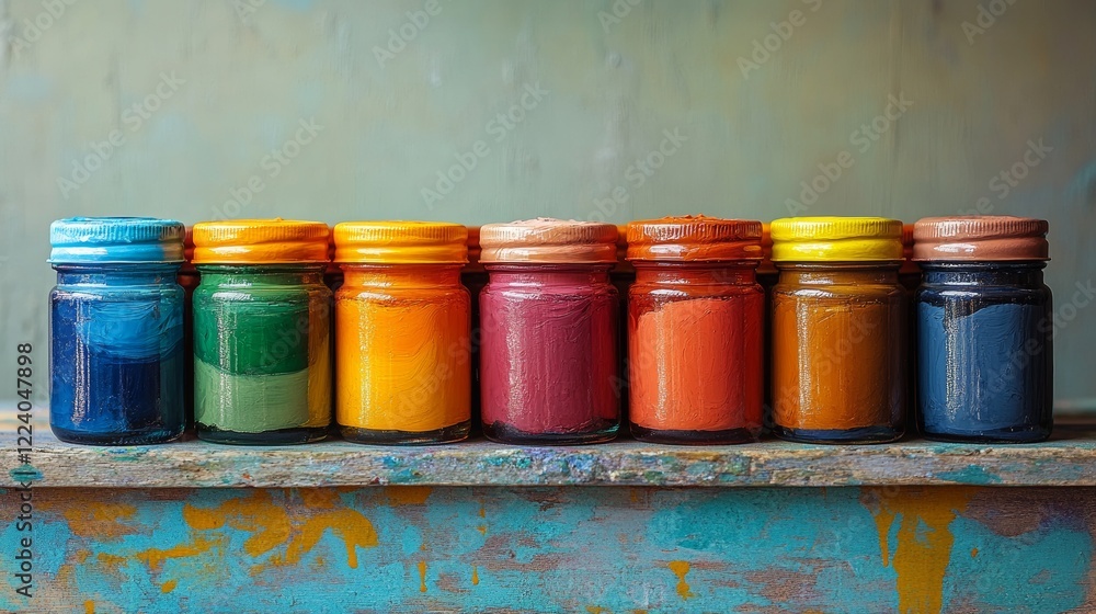 Poster vivid spectrum: array of colorful tiny paint jars in harmonious rows for artistic inspiration and cr