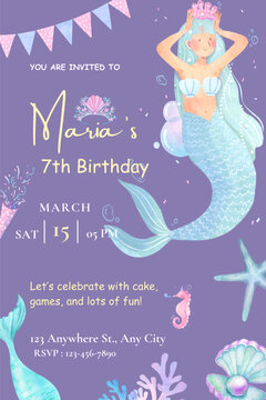 Birthday party invitation template with watercolor mermaid vector illustration. Birthday girl invitation card design.
