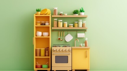 Colorful Modern Kitchen with Yellow Cabinets and Shelves