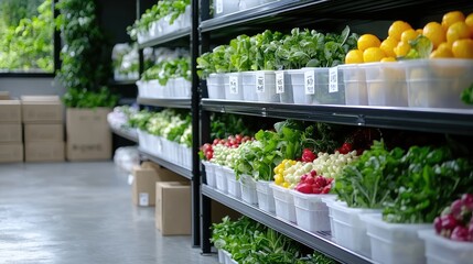 Fresh produce shelves in indoor farm