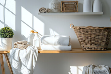 Soft towels and elegant decor create a serene atmosphere in a bright, minimalist bathroom space.