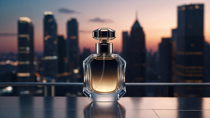 Glass perfume bottle with luxurious minimalist design on a display table surrounded by blurred city bokeh lights perfume commercial advertisement display