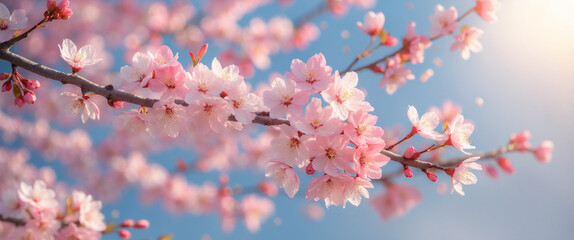 Obraz premium Close-up of blooming cherry blossoms on branches, with soft pink petals and a blurred sunny background.