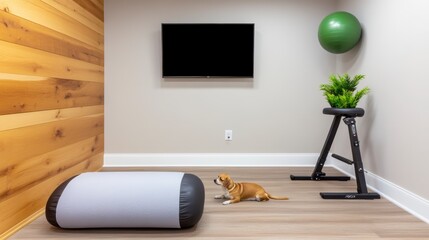 Cozy Home Gym with Dog, Exercise Ball, and Fitness Equipment