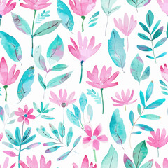 Cute  pink and teal floral watercolor floral seamless pattern. Watercolor print in rustic vintage style, textile or wallpapers.