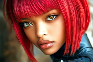 Gorgeous calm black girl - for ads, banner and internet marketing use. Short hairdo - red hair. Commercial promotion creative. Urban style ads. Black portrait campaign. African elegance ads.