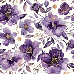 Cute purple flowers and gold accents watercolor floral seamless pattern. Watercolor print in rustic vintage style, textile or wallpapers.