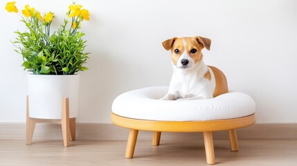 Adorable Dog Relaxing on Stylish Pet Bed with Potted Plant