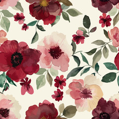 Cute burgundy and cream floral watercolor floral seamless pattern. Watercolor print in rustic vintage style, textile or wallpapers.