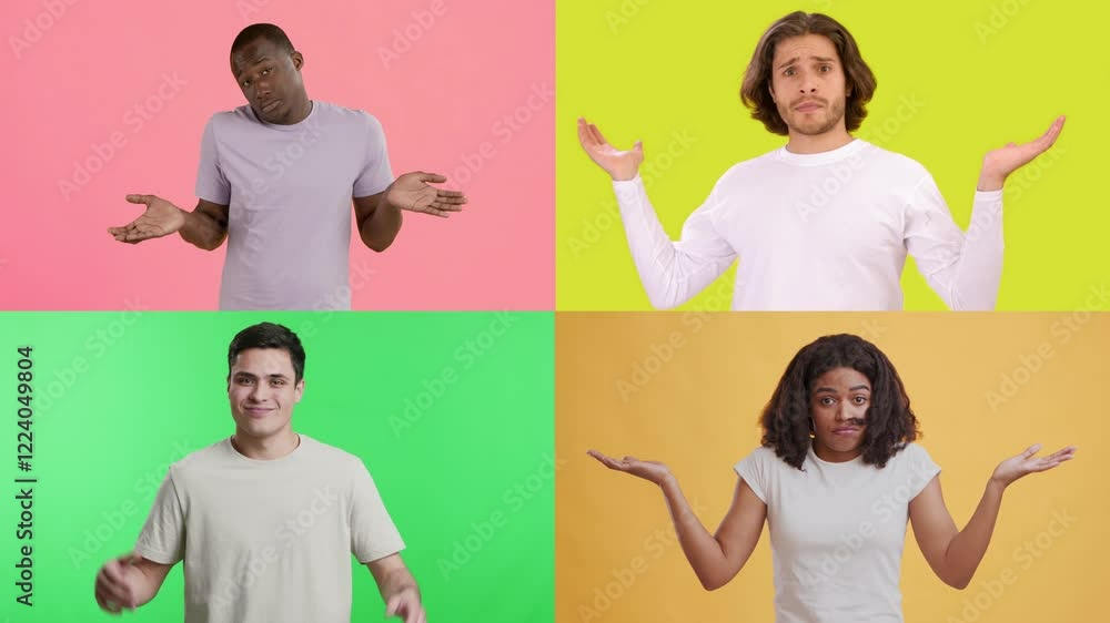 Poster Four individuals from different backgrounds showcase various emotions through gestures against vibrant backgrounds. This energetic display highlights their individuality and diverse expressions.