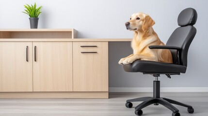 Golden Retriever Sitting on Office Chair in Modern Workspace