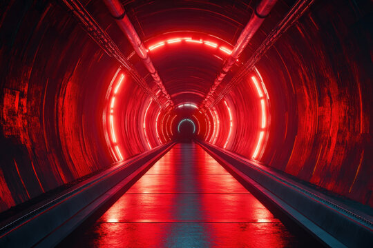 Red light beams at tunnel's end, casting a warm glow on curved brick walls. The distant exit promises escape and new beginnings.