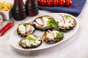 Grilled eggplant with cheese and radish