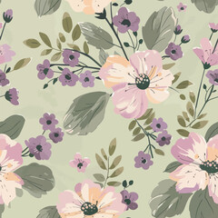 Cute Pastel green vintage floral watercolor floral seamless pattern. Watercolor print in rustic vintage style, textile or wallpapers.