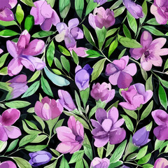 Cute purple flowers and green leaves on a black background watercolor floral seamless pattern. Watercolor print in rustic vintage style, textile or wallpapers.