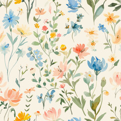 Cute soft pastel colors and delicate brush watercolor seamless pattern. Watercolor print in rustic vintage style, textile or wallpapers.